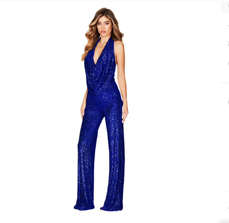 Women's Sleeveless Halter Sequined Jumpsuit Summer European American Style Short Eye-Catching Streetwear Low Waist Straight-leg