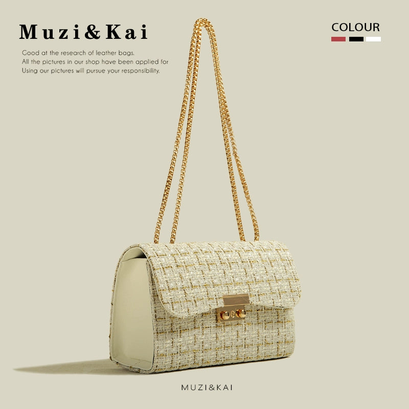 Beige tweed shoulder bag with gold chain strap, shown on cream background, Muzi&Kai branding