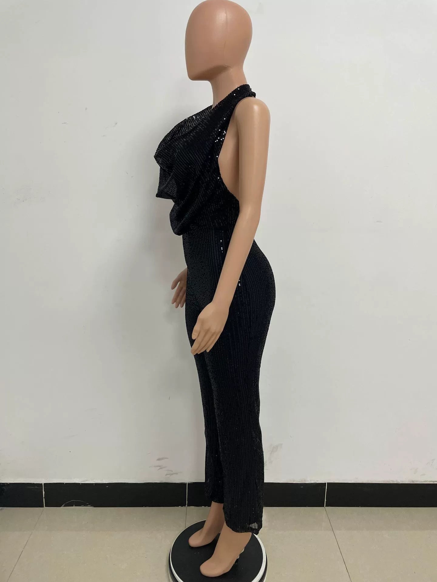 Women's Sleeveless Halter Sequined Jumpsuit Summer European American Style Short Eye-Catching Streetwear Low Waist Straight-leg