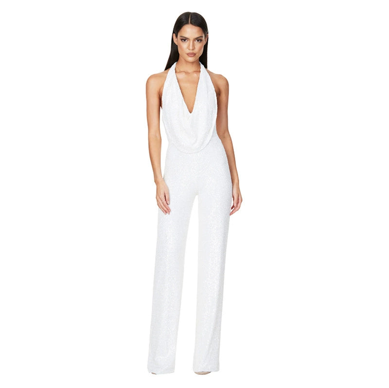 Women's Sleeveless Halter Sequined Jumpsuit Summer European American Style Short Eye-Catching Streetwear Low Waist Straight-leg