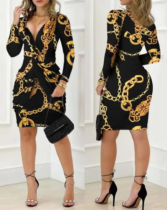 Elegant and Pretty Women's Dresses 2023 Fashion Sexy Deep V-Neck Baroque Chain Print Twist Detail Party Dress Female Clothing