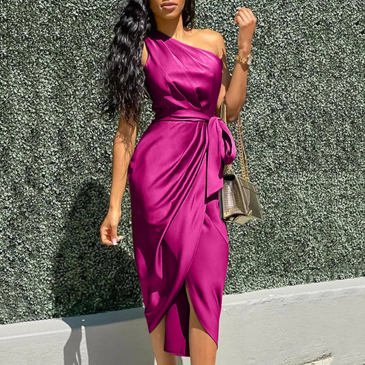 Women Prom Cocktail Dresses Sexy Solid One Shoulder Ruched Slit Belted Waist Dress Sleeveless Formal Occasion Dresses 원피스
