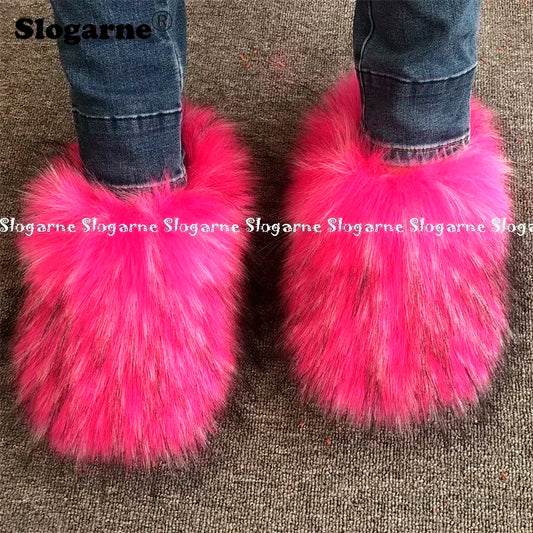 New Colorful Raccoon Fur Slippers Women Winter Faux Fur Shoes Ladies Luxury Furry Slippers Girls Artificial Fox Furs Slides Shoe