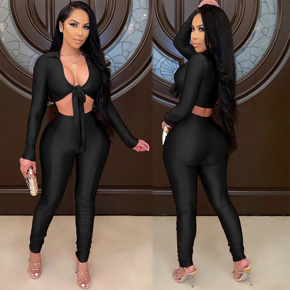 Women's Fashion Casual Slim Fit Two-Piece Set Open Shirt Butterfly Knot Long Sleeve Top with Long Pants Eye-Catching Streetwear