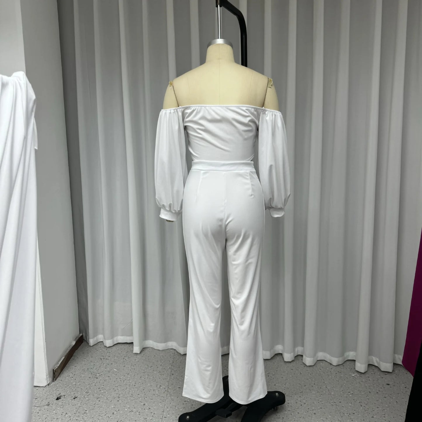 Pant Set Women Two Piece Sets Slim Fit Off Shoulder Sexy Puff Sleeve V Neck Tops High Waist Elegant Splice Straight Long Pants