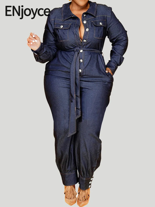 Denim Style Denim Jumpsuit with Belt Women Fashion Plus Size Loose Jeans Casual Overalls Romper Outfit