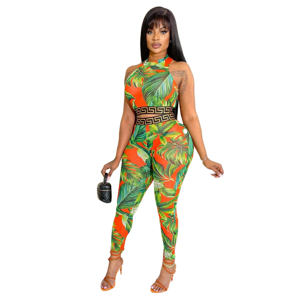 Echoine Women Print Patchwork Sleeveless Tank Crop Tops And Leggings 2 Two Piece Set 2023 Summer Sexy Fashion Tracksuit Outfits