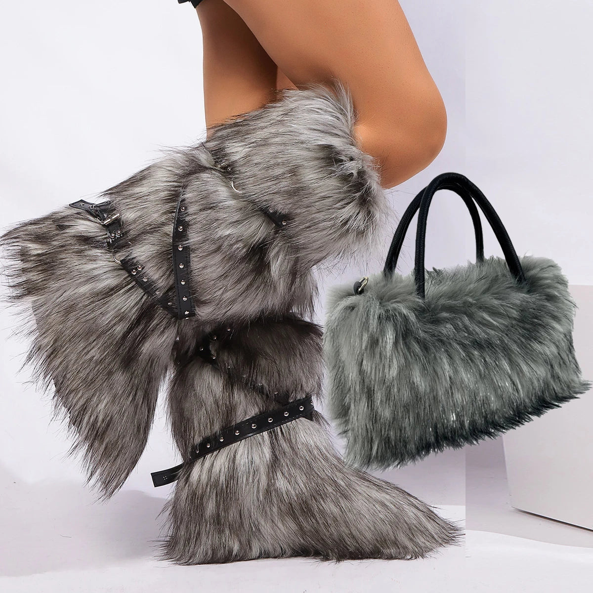 Women's Luxury Velvet Warm Fur Snow Boots Mid-Calf Imitation Raccoon Hair Handbag Two-Piece Set Fashionable Faux Fur Booties