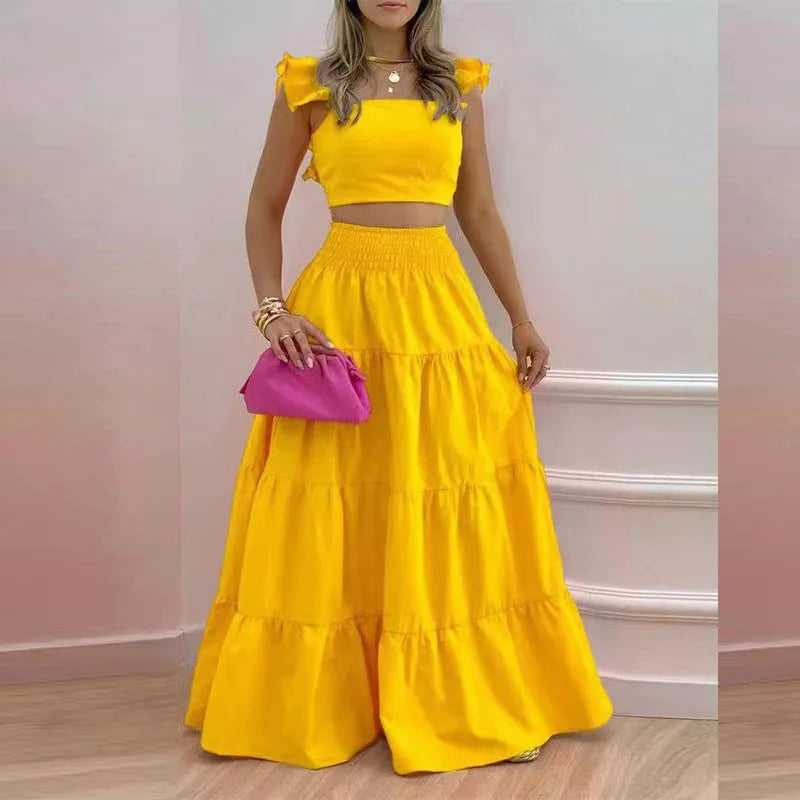New Sexy Solid Two Suit Dress Women's Fashion Casual Loose Top Maxi Dress 2 Piece Set Female Elegant Holiday Sets 2024 Summer