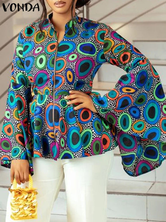 Plus Size 5XL VONDA Women Bohemian Tops 2024 Flared Sleeve Printed Tops Stand Collar Blouse Cover Up Casual Loose Blusas Tunic