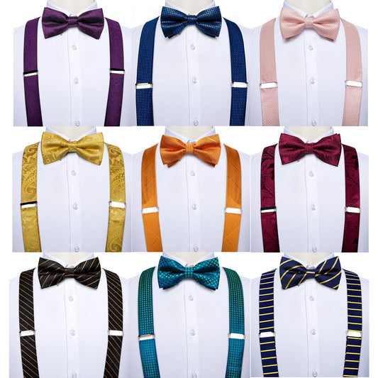 DiBanGu Mens Adjustable Silk Suspenders Bow Tie Cufflinks Pocket Square Set Metal Clips Y back Elastic Braces Wide Strap 3.5CM