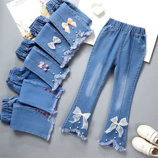 Autumn Girls Jeans Fashionable Bow-Design Denim Flared Pants Elastic Waist Solid Color Trousers for Teenage Kids