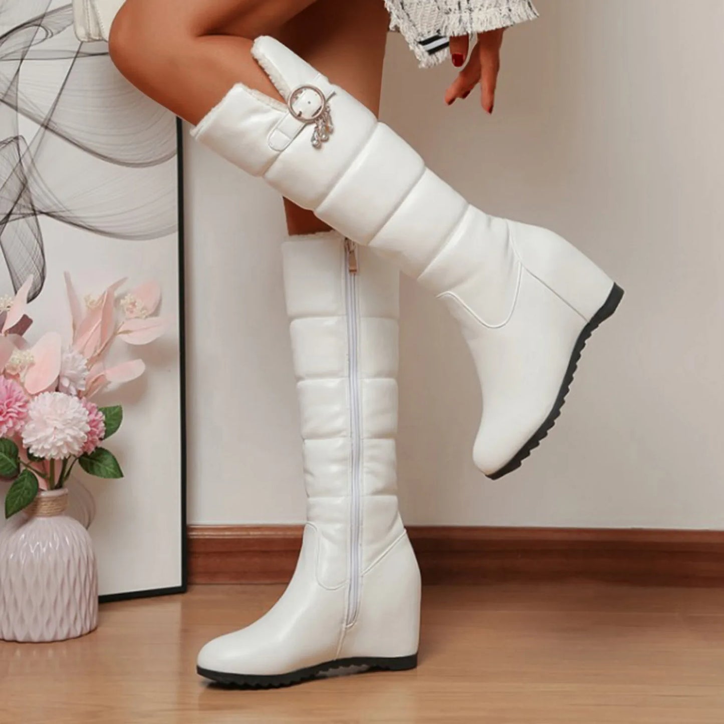 Boots Woman Booties 2025 Ladies Solid Leather Belt Buckle Cotton Boots H Wedge Heel Thick Soled Long Boot Shoes Women Big Boots