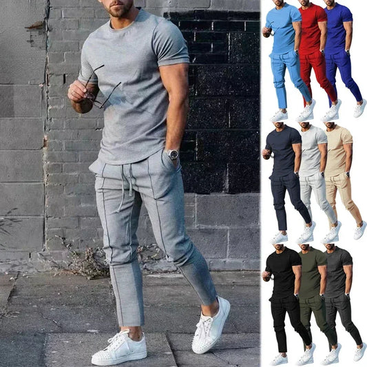 Sports Set Mens Fall/Summer Solid Casual Round Neck Short Sleeve Sports T-shirt Two Piece Set for Men
