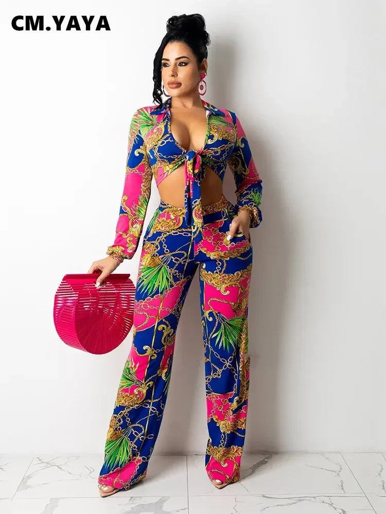 CM.YAYA Women's Paisley Chain 2 Piece Set Streetwear Outfits Tie up Shirt & Wide Leg Pants Luxury Junior Fit Autumn/Winter