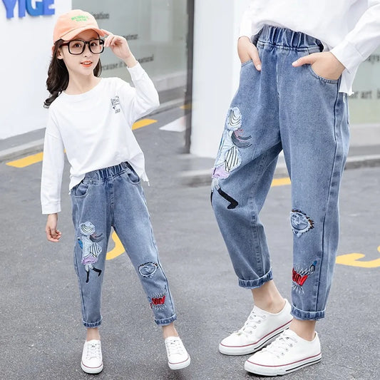 Fashion Jeans for Girls Teenage Children Jeans Elastic Waist Denim Pants Kids Trousers for Girls Kids Clothes