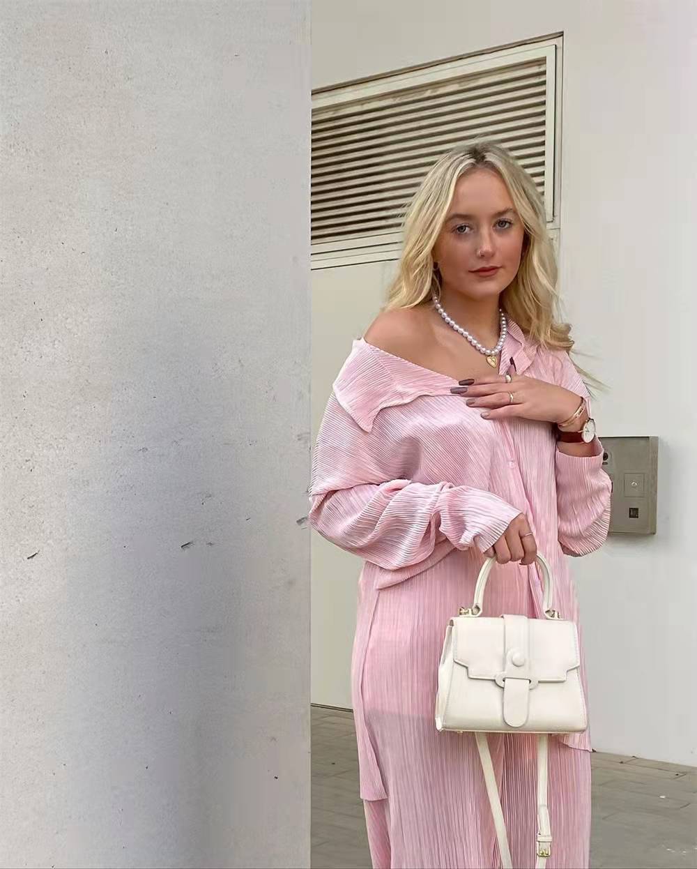 Women Pleated 2 Piece Pants Sets Spring Summer Streetwear Long Sleeve Button Down Shirt+Straight-Leg Pants Loose Outfits