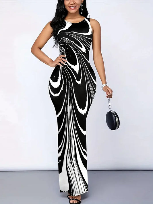Allover Print Split Tank Dress, Elegant Bodycon Sleeveless Maxi Dress For Spring & Summer, Women's Clothing