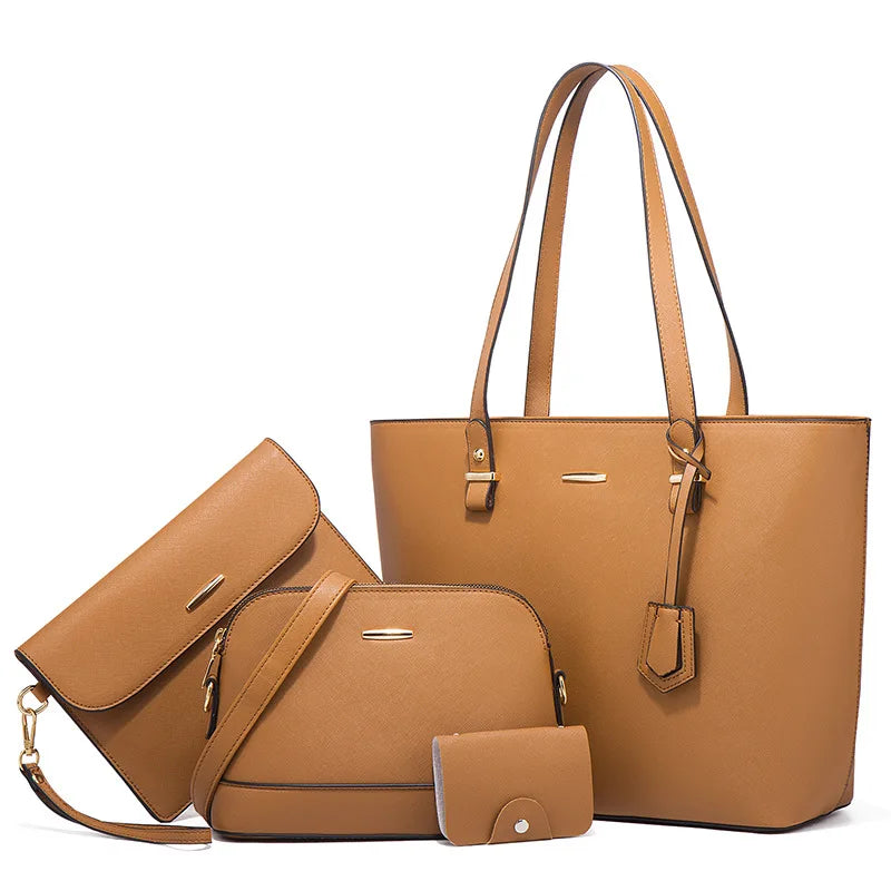 Concierge tier handbags and accessories set in tan, including tote, crossbody, wallet, and clutch