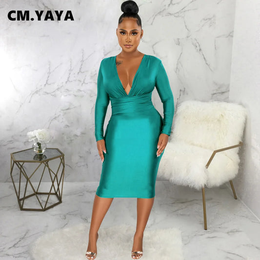 CM.YAYA Women V-neck Elegant Long Sleeve Midi Dress 2024 Winter Ruched OL Streetwear Africa Party Club Dresses Vestidos