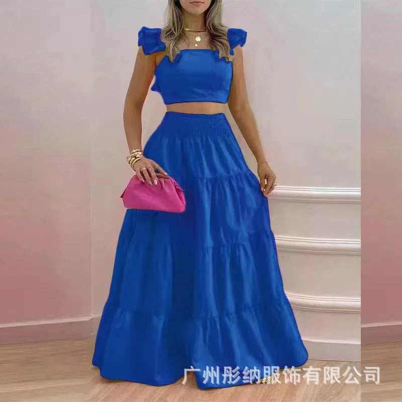 New Sexy Solid Two Suit Dress Women's Fashion Casual Loose Top Maxi Dress 2 Piece Set Female Elegant Holiday Sets 2024 Summer