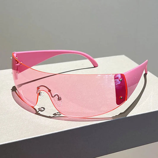 Y2K Rimless Brand Designer Sunglasses Women or Men One Piece Trending Luxury Sun Glasses Rivet Steampunk Pink Shades UV400