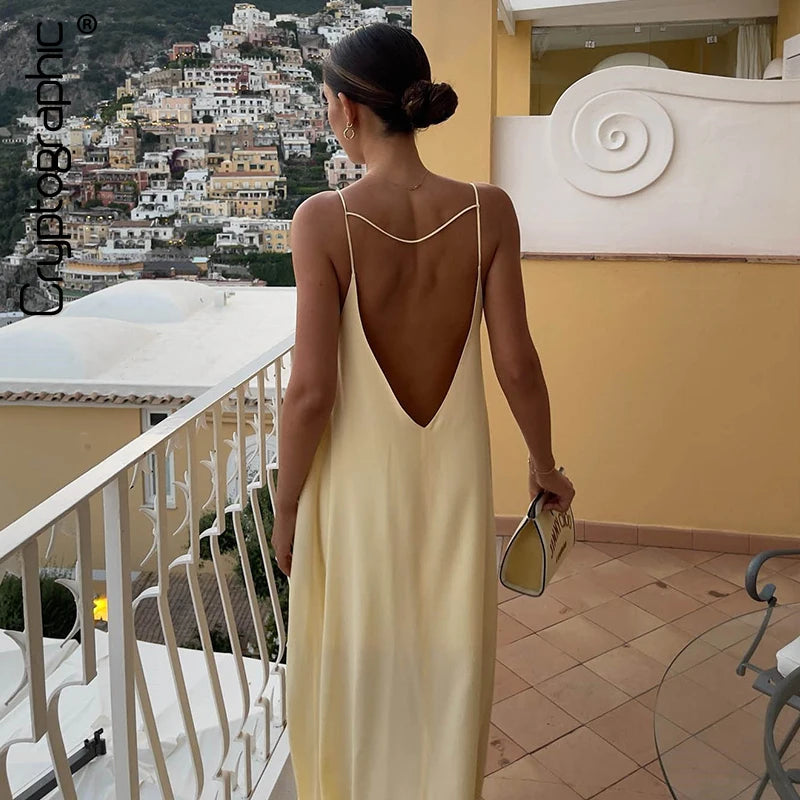 Cryptographic Summer Sexy Open Back Sleeveless Slip Maxi Dress Cut Out Club Party Dresses Holiday Elegant Outfits Satin Vestido