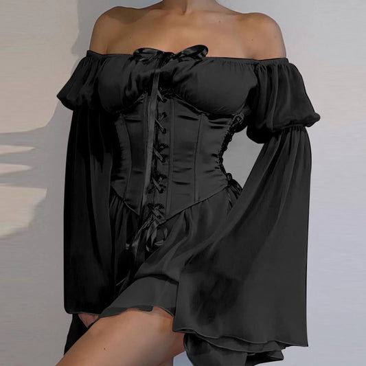 Summer Dresses For Women  Plus Size Off Shoulder Flare Sleeve Dress Lace Up Corset Solid Flowy Mini Dress vestidos de mujer