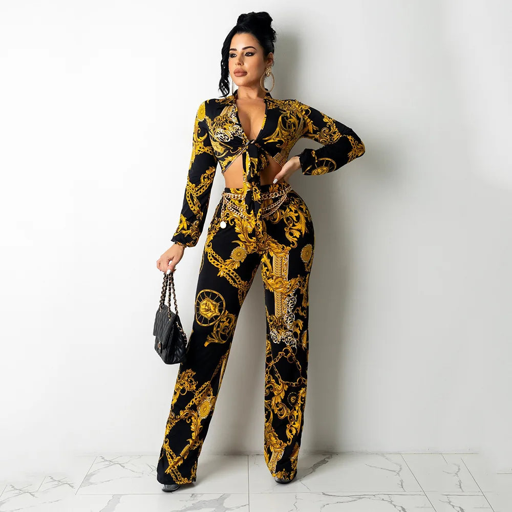 CM.YAYA Women's Paisley Chain 2 Piece Set Streetwear Outfits Tie up Shirt & Wide Leg Pants Luxury Junior Fit Autumn/Winter