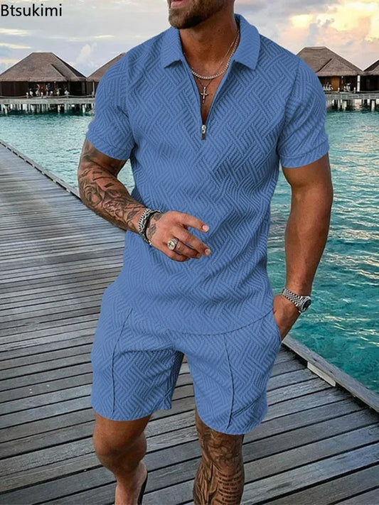 New 2024 Men's Polo Suit Fashion Men Sets Solid Summer V-neck Zipper Short Sleeve Shirt+Shorts Two Pieces Men Casual Suit