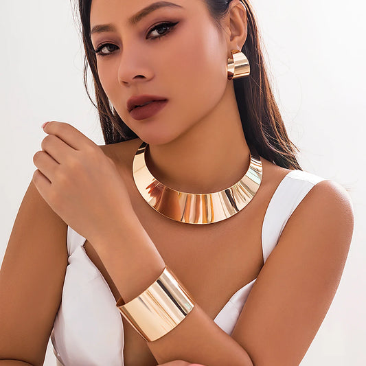 Exaggerated Wide Smooth Surface Metal Necklace/Earrings/Bracelet Set for Women Trendy African Collar Fashion Jewelry Accessories