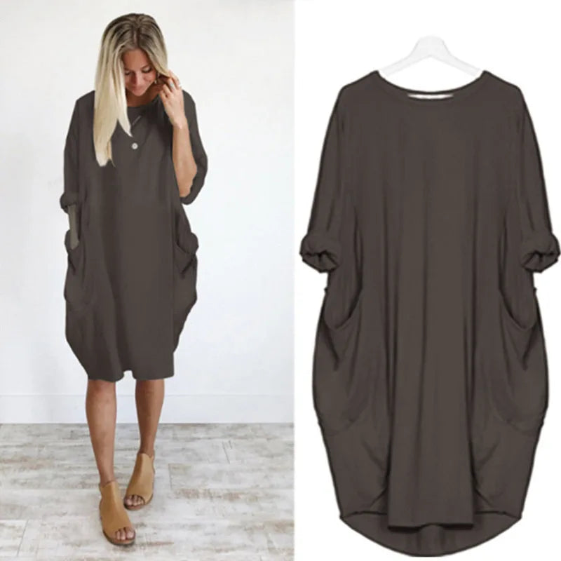 Oversized gray lounge dress with pockets, soft comfort wear for cozy days at home