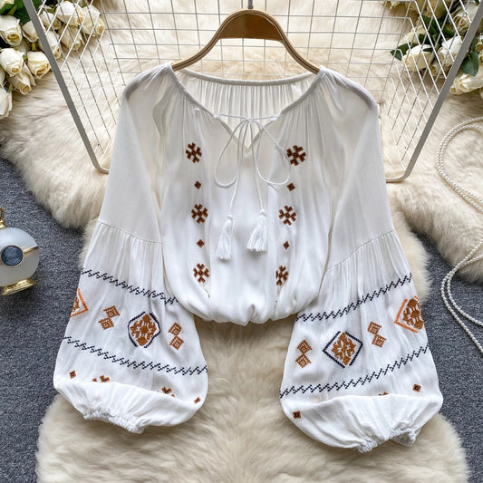 Ethnic Puff Sleeve Shirt Women's Spring Strap Design Sense Lace-up Neck Embroidery Flowers Fairy Casual Socialite Top Blouse