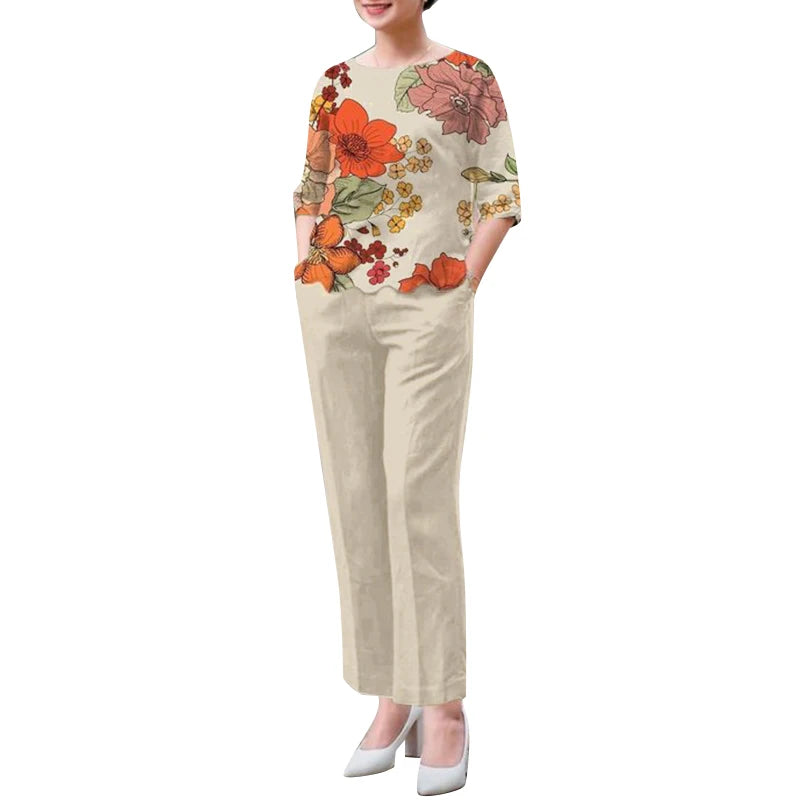 ZANZEA 2PCS Fashion Short Sleeve Floral Blouse Pant Sets Women Office Work Suit Summer Tracksuits Elegant Matching Sets Oversize