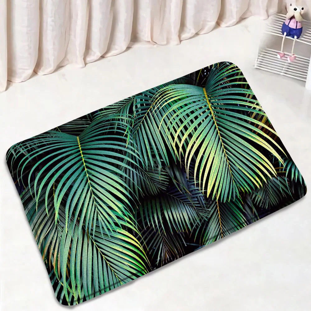 Tropical palm leaf print bath mat, cozy home decor for bathroom or bedroom