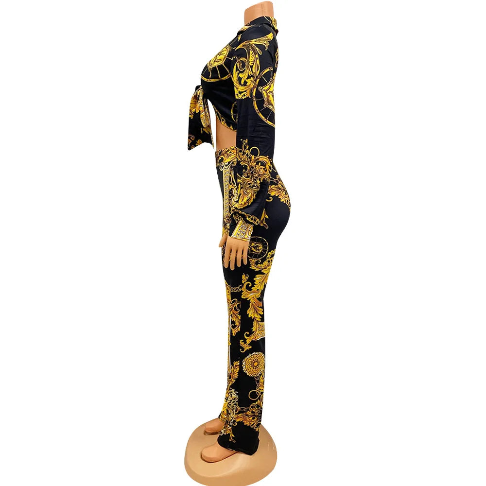 CM.YAYA Women's Paisley Chain 2 Piece Set Streetwear Outfits Tie up Shirt & Wide Leg Pants Luxury Junior Fit Autumn/Winter