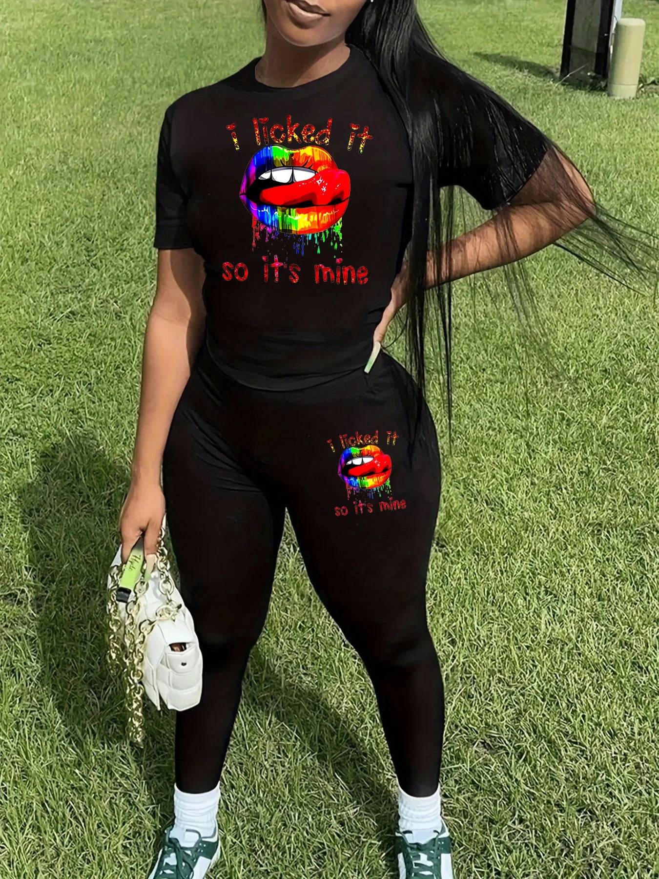 Women's spring and summer loose casual lip print letter print round neck short sleeved T-shirt+tight pants two-piece set