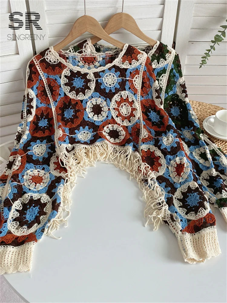 SINGREINY Loose Summer Knit Top Women Long Sleeve O Neck Fashion 2024 Elegant Hollow Out Ladies Casual Tassel Beach Blouse