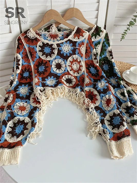 SINGREINY Loose Summer Knit Top Women Long Sleeve O Neck Fashion 2024 Elegant Hollow Out Ladies Casual Tassel Beach Blouse