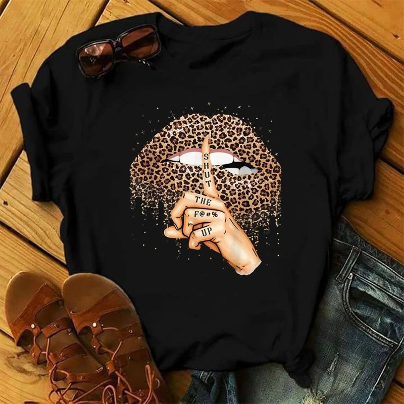 Sexy And Hot Red Lips Graphic T-shirt Women Clothing 3D Print Fashion Leopard Lover Gesture Tee Shirts Summer Harajuku Leisure