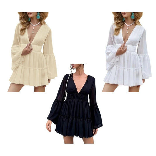 Summer Sun-dress Women Solid Color Seaside Dress Deep V-neck Long Sleeve Loose Sexy Sexy Style Polyester Maxi Dress