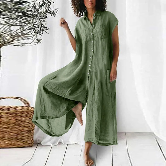 Relax Retro Loose Style Wide Leg Jumpsuits For Women Elegant Vintage Turn Down Neck Short Sleeve Boho Green Long Overalls