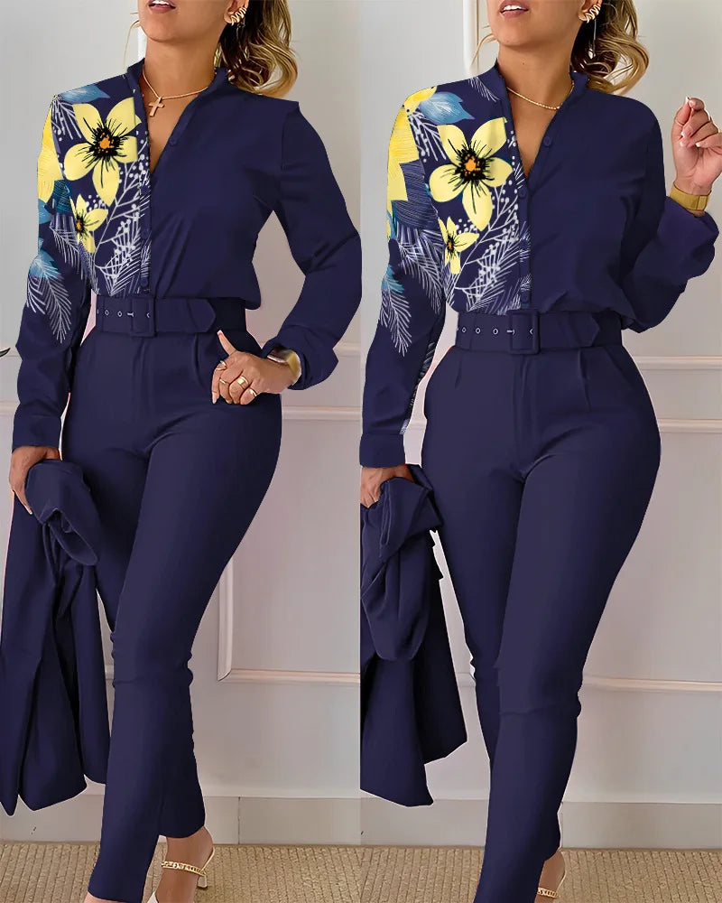 Elegant shirt and pants two piece sets women spring/ autumn fashion long sleeve shirts high waist pant casual suits