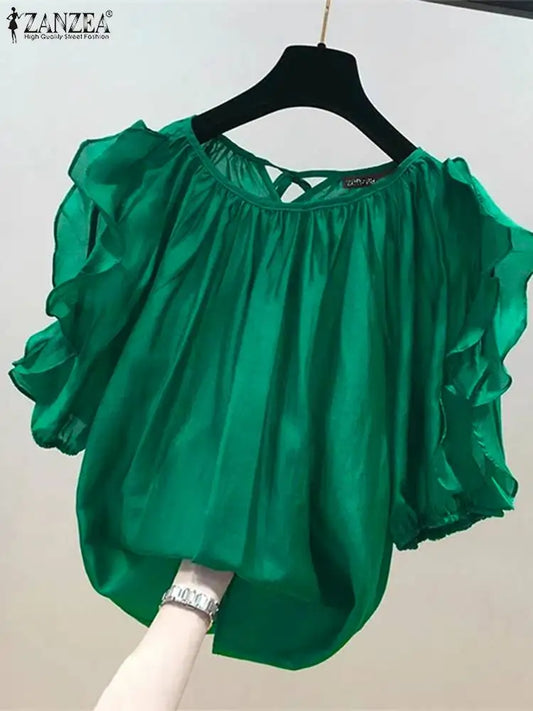 ZANZEA Women's Cold Shoulder Ruffled Blouse Half Sleeve Casual Loose Top with Back Straps Pleated Summer Tunic Fashion O-Neck