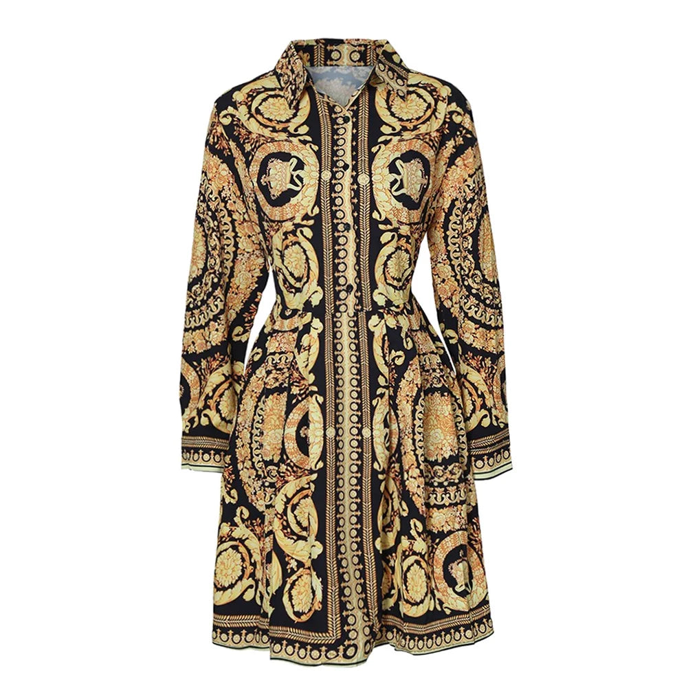 Women Autumn Clothes Floral Vintage Lapel Long-Sleeves Form-Fitting Skirt with Button Open for Ladies