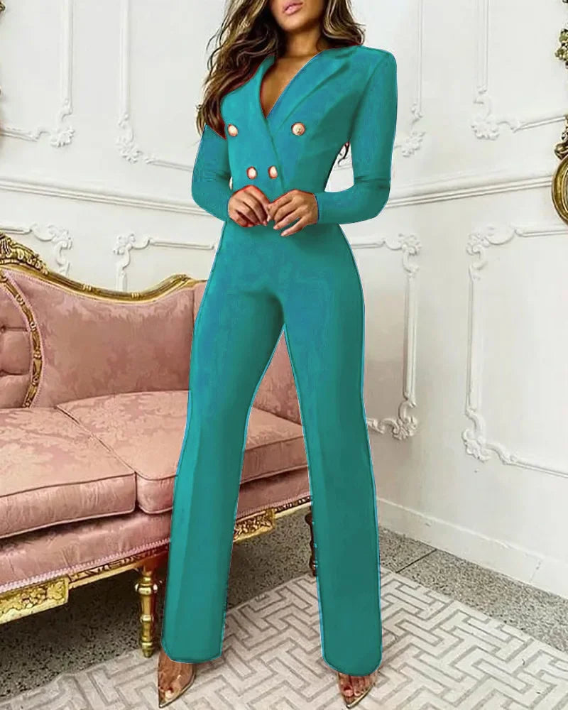 Women's Clothing New Long Sleeve Slim Fit Business Jumpsuit V Neck High Waist Full Length Jumpsuits Pants Overall