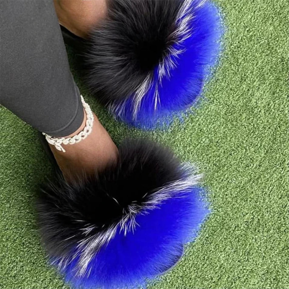 Hot Sale Summer Women Fox Fur Slippers Furry Slippers Designer Fur Slides Girls Black Fur Slides Gorgeous Big Fur Slides Sandal