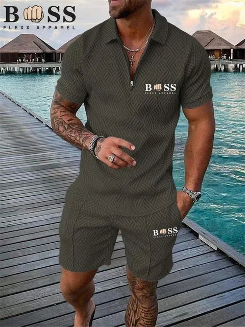 Men's olive green BOSS Flexx Apparel lounge set with geometric pattern, worn on wooden dock by poolside