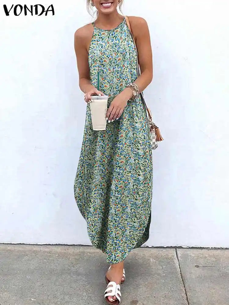VONDA 2024 Summer Women Bohemian Dress Sexy Halter Asymmetrical Beach Dresses Sexy Sleeveless Robe Printed Long Maxi Sundress