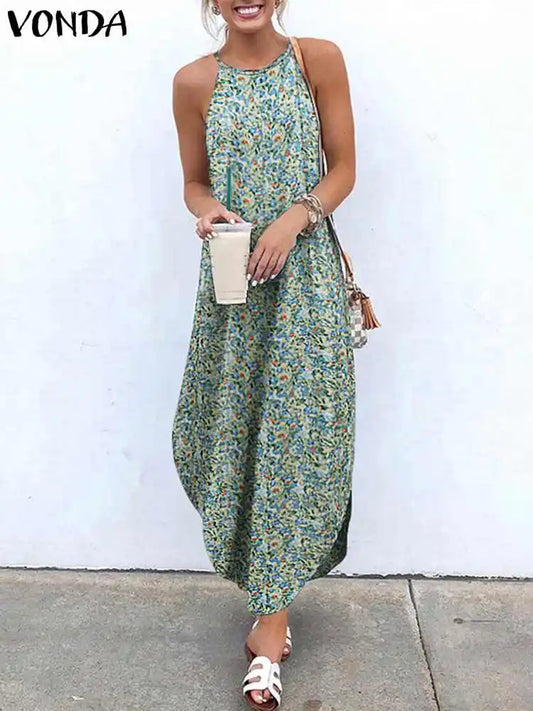 VONDA 2024 Summer Women Bohemian Dress Sexy Halter Asymmetrical Beach Dresses Sexy Sleeveless Robe Printed Long Maxi Sundress